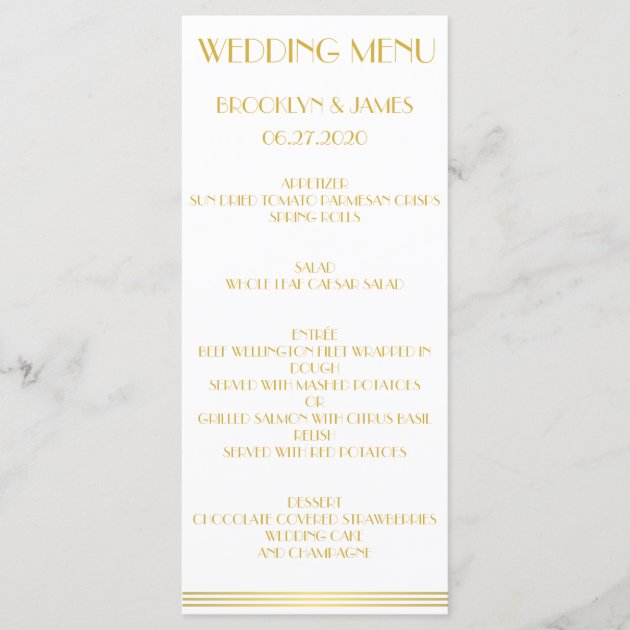 Gold Great Gatsby Wedding Menu Cards