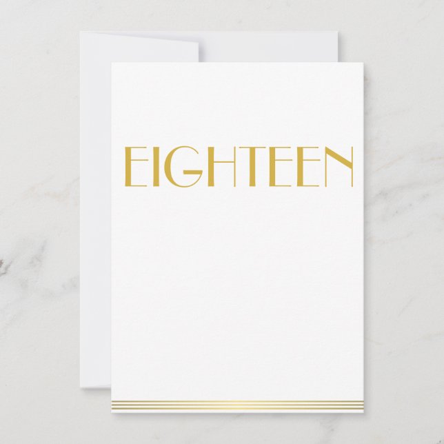 Gold Great Gatsby Wedding Table Cards Eighteen (Front)