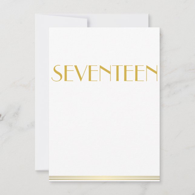 Gold Great Gatsby Wedding Table Cards Seventeen (Front)