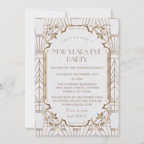 Gold Great Gatsby White 1920s New Year Party Invitation