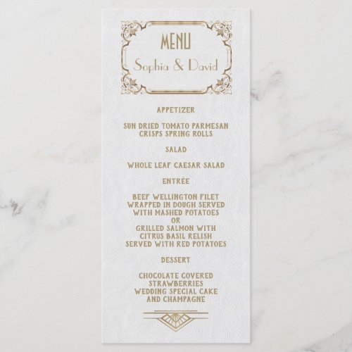 Gold Great Gatsby White Art Deco 20s Wedding Menu