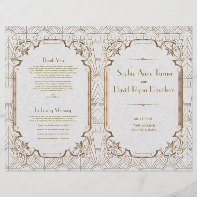 Gold Great Gatsby White Art Deco Wedding Program (Front)