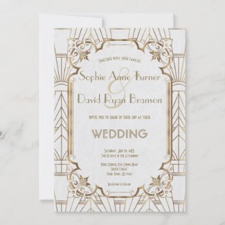 Gold Great White Art Deco 1920s Wedding Invitation