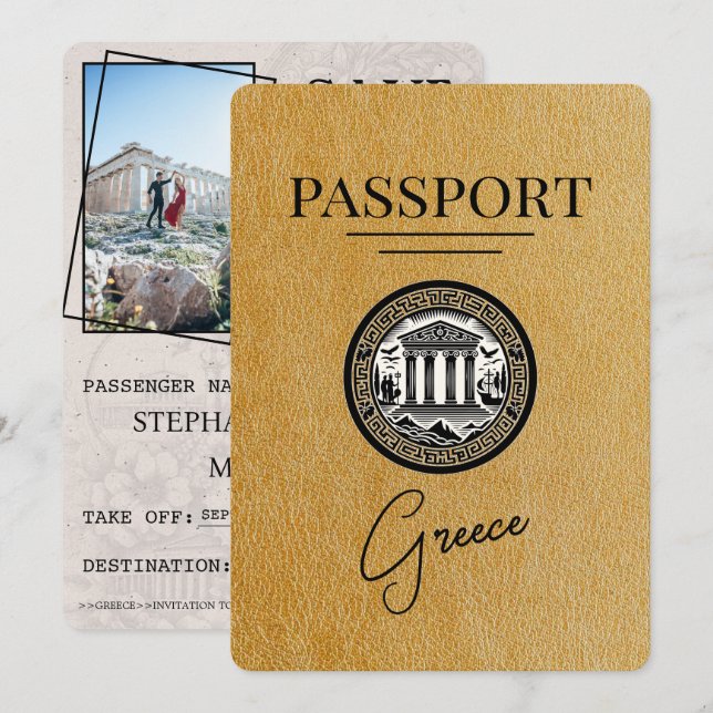 Gold Greece Passport Save the Date Card (Front/Back)