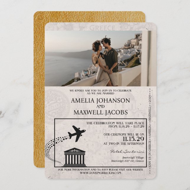 Gold Greece Passport Wedding Invitation (Front/Back)