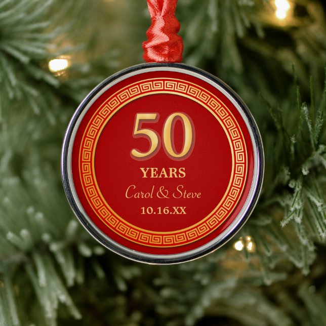 Gold Greek Key Frame Red 50th Anniversary Metal Ornament (Tree)
