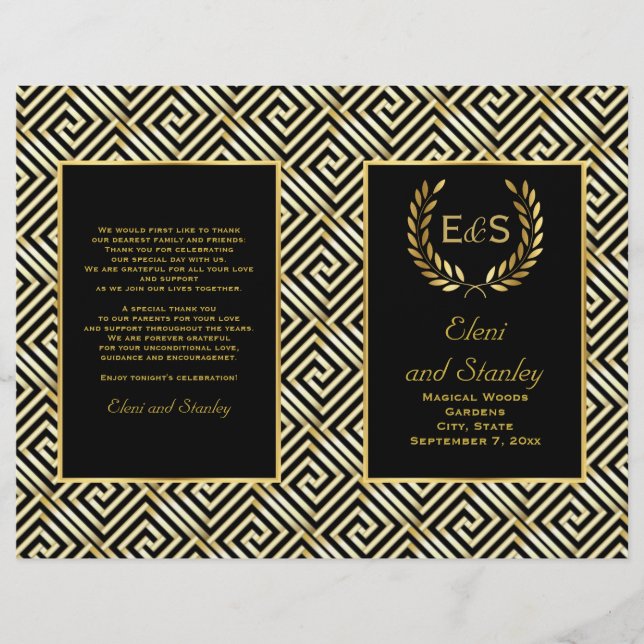 Gold Greek key & laurel wreath wedding program (Front)