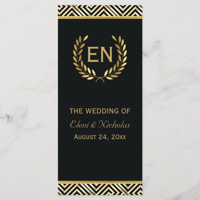 Gold Greek key & laurel wreath wedding program (Front)