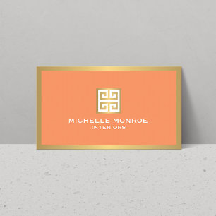 Gold Greek Key on Coral Interior Designer Business Card