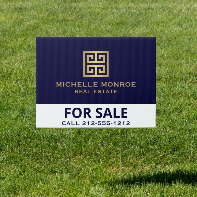 Gold Greek Key on Navy Real Estate For Sale Rent Sign (Insitu)