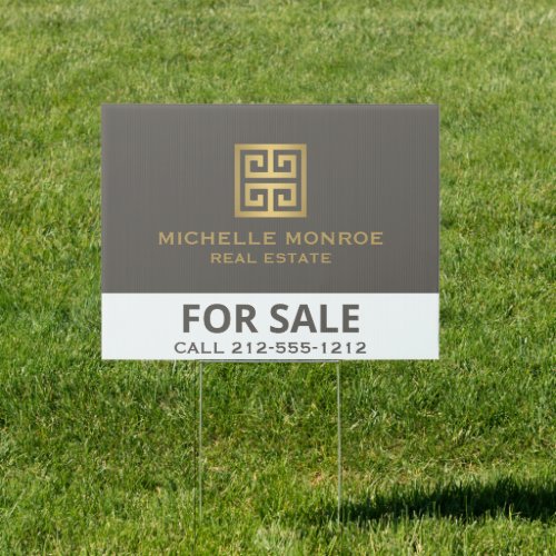 Gold Greek Key on Taupe Real Estate For Sale Rent Sign