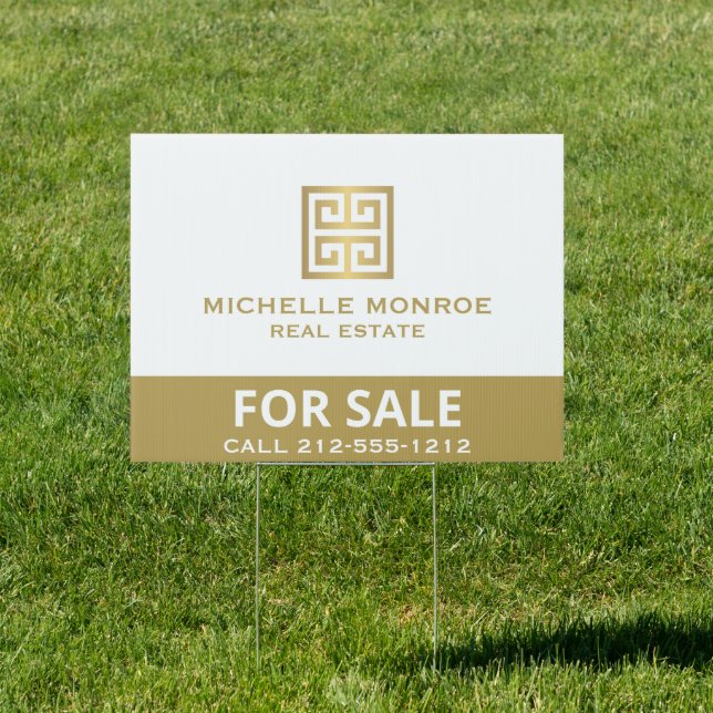 Gold Greek Key on White Real Estate For Sale Rent Sign (Insitu)