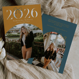 Gold Green 2026 Coquette Bow Photo Graduation Announcement