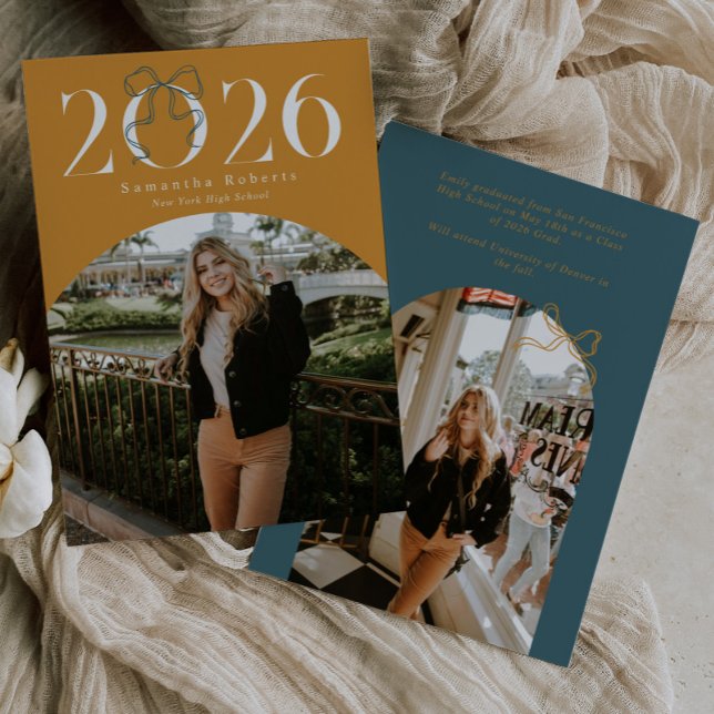 Gold Green 2026 Coquette Bow Photo Graduation Announcement (Creator Uploaded)