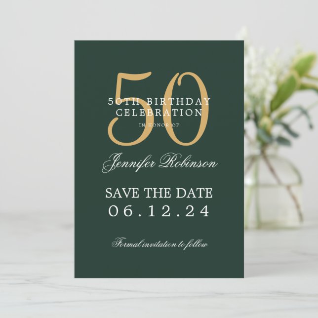 Gold Green 50th Birthday Save the Date Details Invitation (Standing Front)