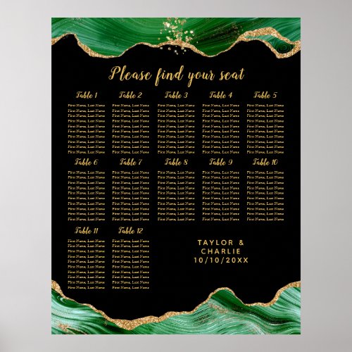 Gold Green Agate Wedding 12 Table Seating Chart