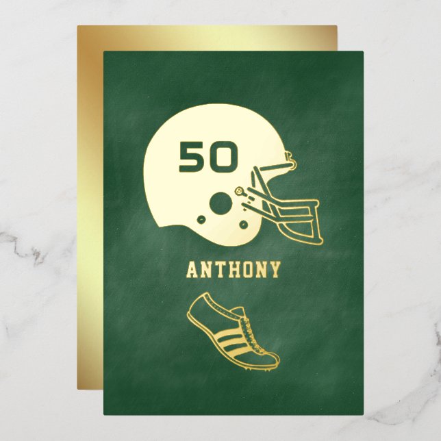Gold & Green American Football Birthday Chalkboard Foil Invitation (Front/Back)
