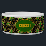 Gold, Green and Black Art Deco Pattern Custom Name Bowl<br><div class="desc">Gold and green retro Art Deco seamless pattern on a black background with a customizable name for your baby dog.</div>
