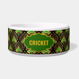 Gold, Green and Black Art Deco Pattern Custom Name Bowl