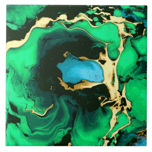 Gold green and black Marble acrylic paint art Tile