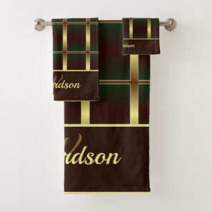 Gold, Green And Burgundy Checkered Monogrammed Bath Towel Set