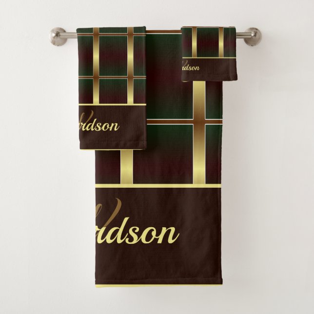 Gold, Green And Burgundy Checkered Monogrammed Bath Towel Set (Insitu)