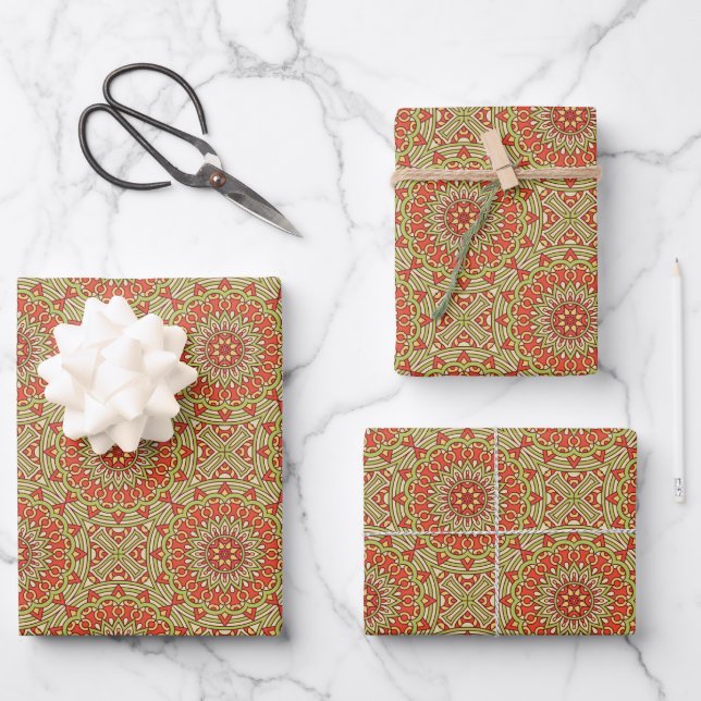 Gold Green and Orange Circle Mandala   Wrapping Paper Sheets (Front)
