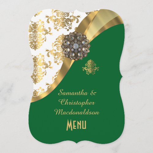 Gold green and white damask wedding menu