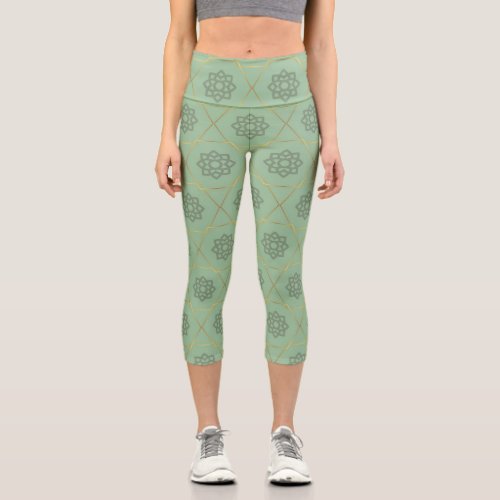 Gold Green Arabic Hexagonal Pattern  Capri Leggings