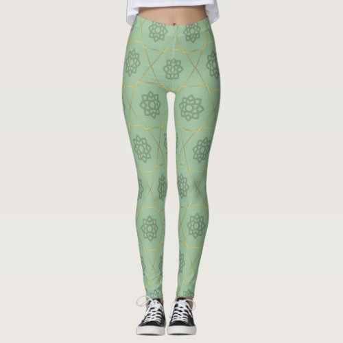 Gold Green Arabic Hexagonal Pattern  Leggings