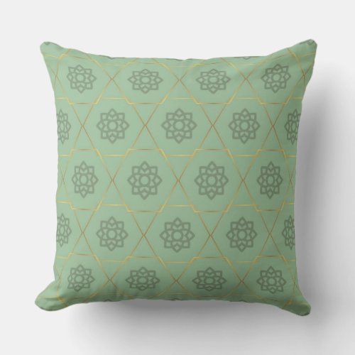 Gold Green Arabic Hexagonal Pattern  Throw Pillow