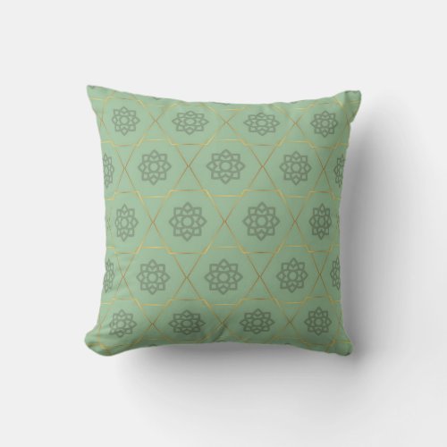 Gold Green Arabic Hexagonal Pattern  Throw Pillow