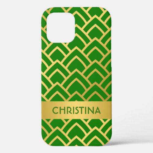 Gold Green Art Deco Geometric Personalized Name iPhone 12 Case