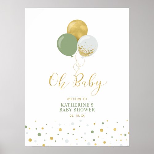 Gold  Green Balloons  Boy Baby Shower Welcome Poster