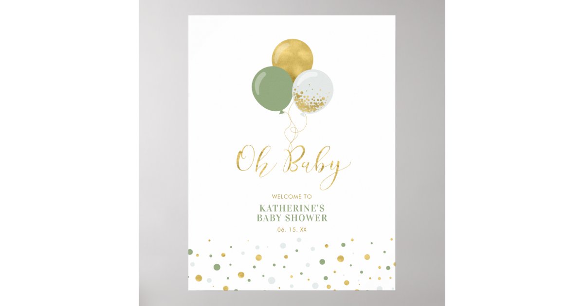Gold & Green Balloons | Boy Baby Shower Welcome Poster | Zazzle