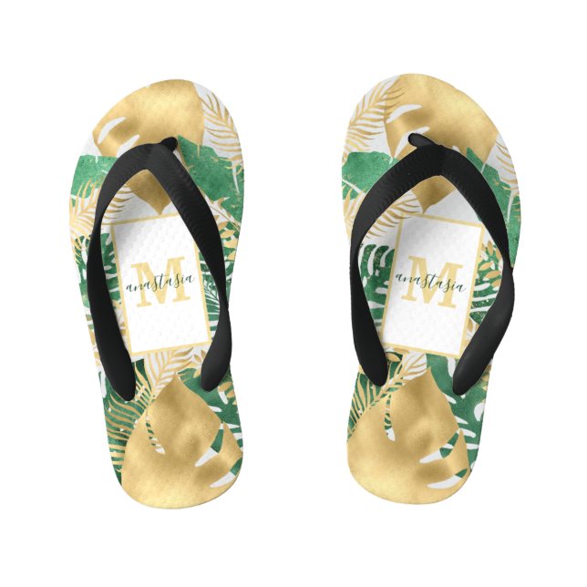 Gold Green Big Tropical Leaves Pair of Flip Flops (Footbed)