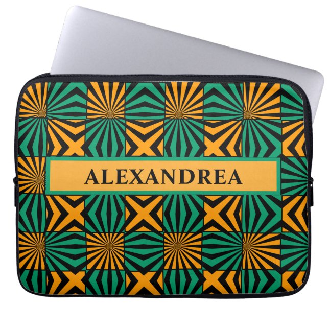 Gold Green Black Geometric Pattern Personalize     Laptop Sleeve (Front)