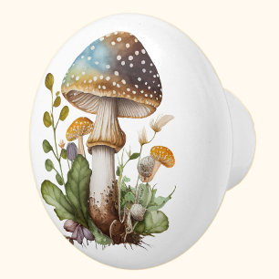 Gold Green Blue Woodland Mushroom Cottagecore Ceramic Knob