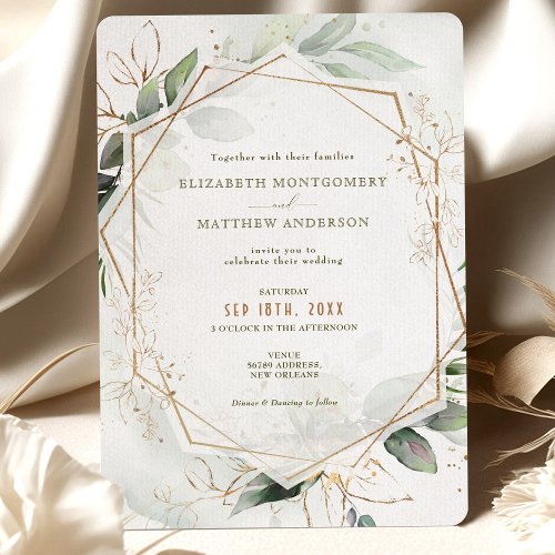 Gold  Green Boho Wedding Watercolor Rustic Invitation