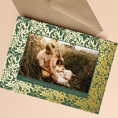 Gold Green Botanical Floral Frame Photo Happy Foil Foil Holiday Card