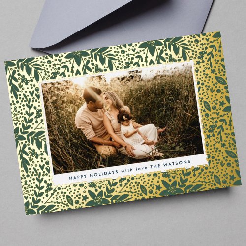 Gold Green Botanical Floral Frame Photo Happy Foil Holiday Card