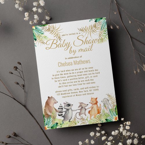 Gold Green Brown Floral Animal Baby Shower by Mail Invitation Postcard