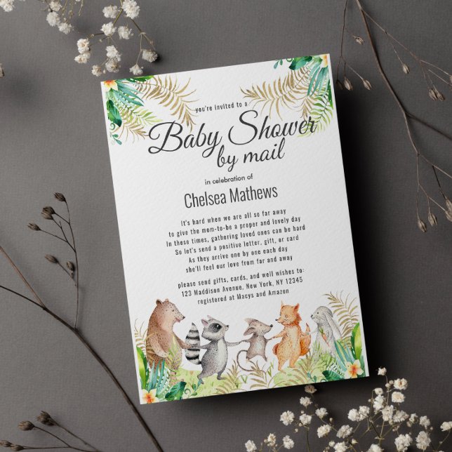 Gold Green Brown Floral Animal Baby Shower by Mail Invitation Postcard