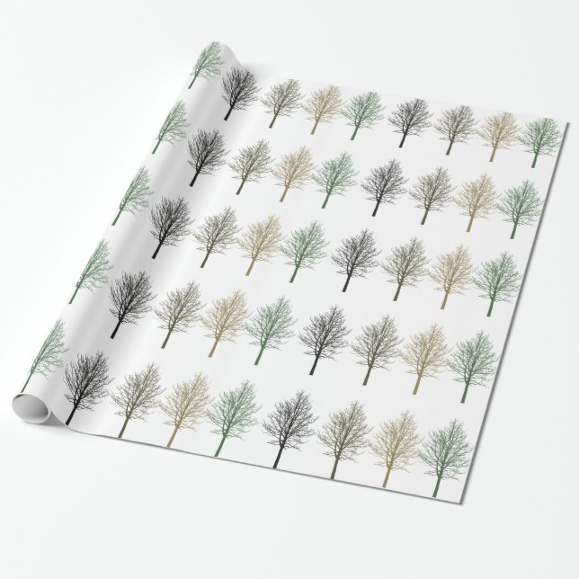 Gold Green Brown Trees Birthday Wrapping Paper (Unrolled)