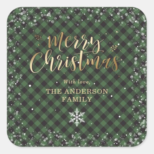 Gold Green Buffalo Plaid Snowflake Christmas Square Sticker