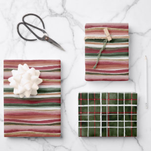 Gold Green Burgundy Blush Red Stripes Birthday Wrapping Paper Sheets
