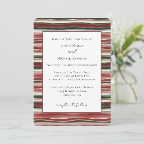 Gold Green Burgundy Blush Red Stripes Wedding Invitation