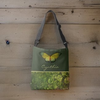 Gold Green Butterfly with Boho Foliage Monogram