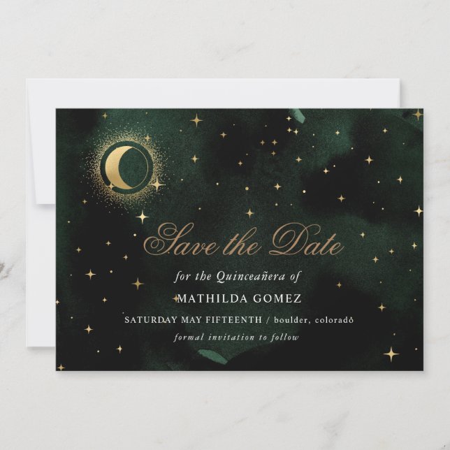 Gold Green Celestial Quinceañera save the date  Invitation (Front)