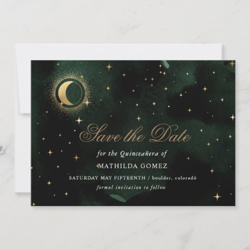 Gold Green Celestial Quinceaera save the date  Invitation